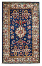 3x5 Navy and Ivory Kazak Tribal Rug