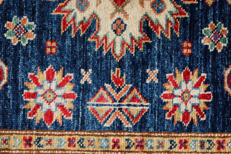 3x5 Navy and Ivory Kazak Tribal Rug