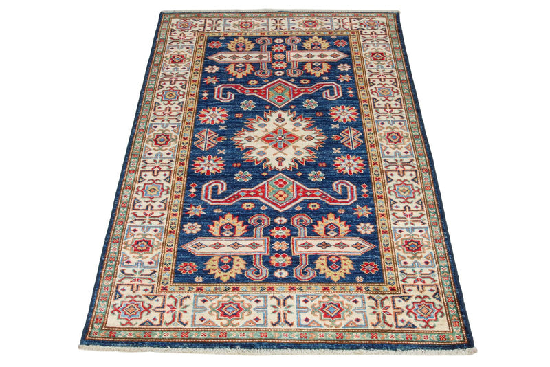 3x5 Navy and Ivory Kazak Tribal Rug