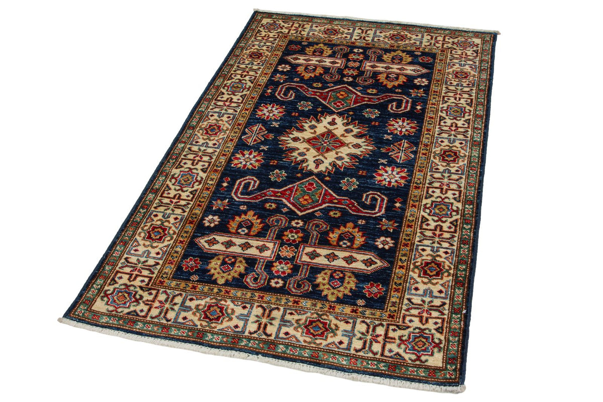 3x5 Navy and Ivory Kazak Tribal Rug