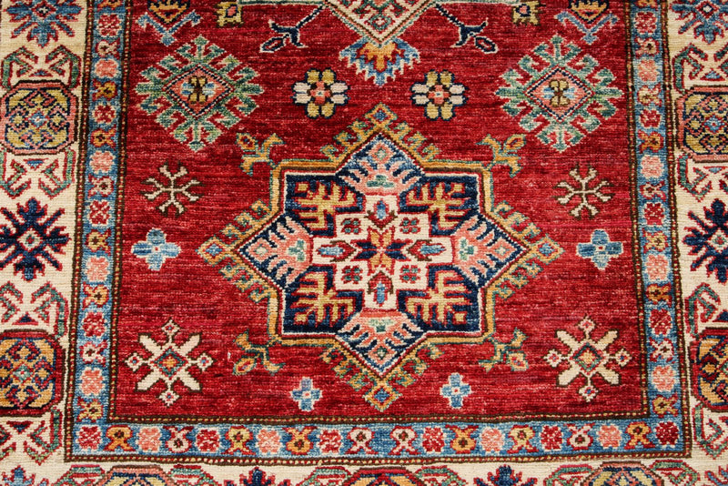 3x5 Red and Ivory Kazak Tribal Rug