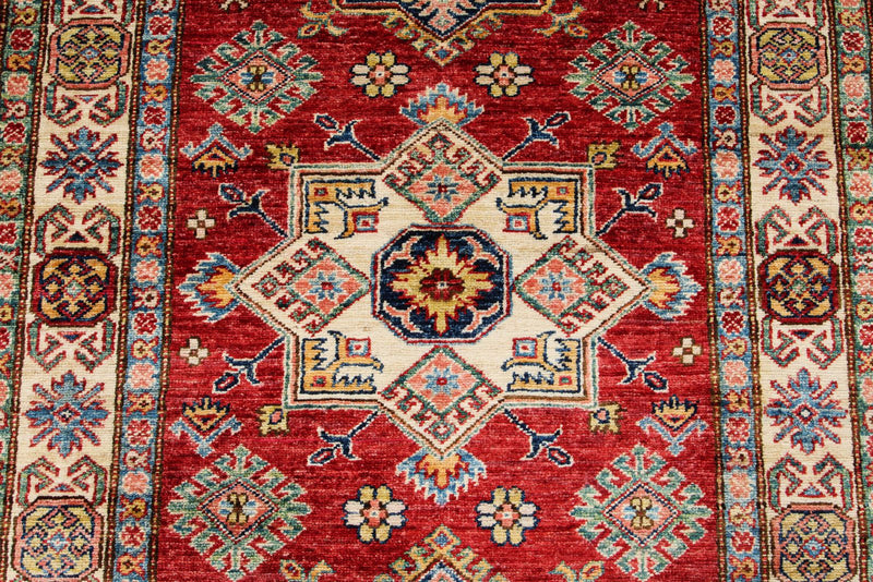 3x5 Red and Ivory Kazak Tribal Rug