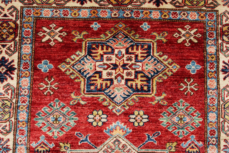 3x5 Red and Ivory Kazak Tribal Rug