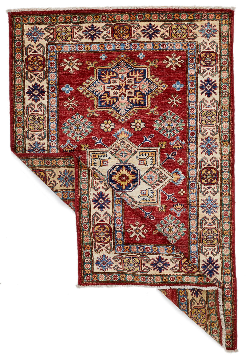 3x5 Red and Ivory Kazak Tribal Rug