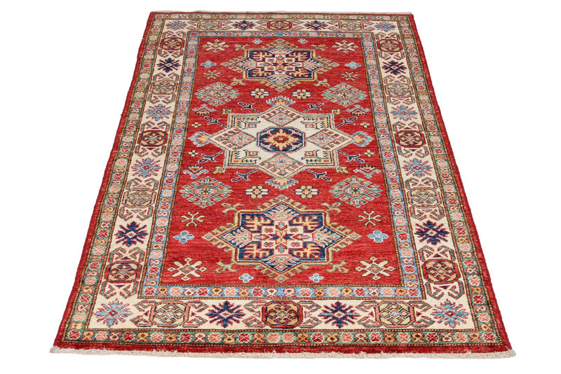 3x5 Red and Ivory Kazak Tribal Rug