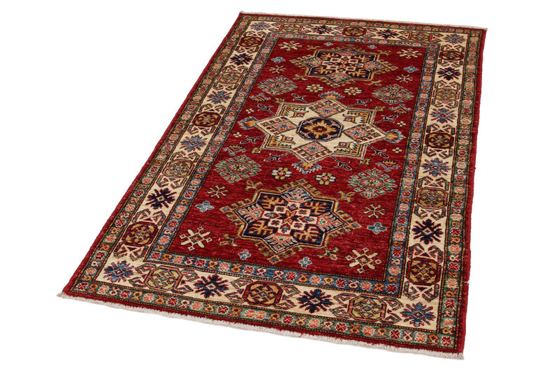 3x5 Red and Ivory Kazak Tribal Rug