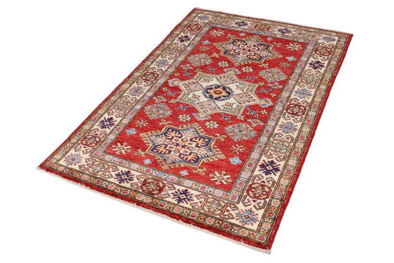 3x5 Red and Ivory Kazak Tribal Rug