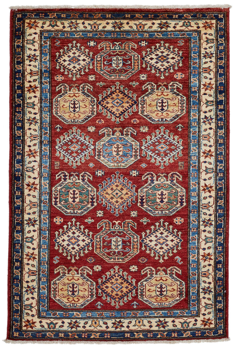 3x5 Red and Ivory Kazak Tribal Rug