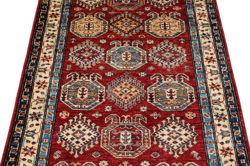 3x5 Red and Ivory Kazak Tribal Rug