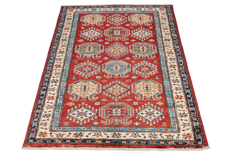 3x5 Red and Ivory Kazak Tribal Rug