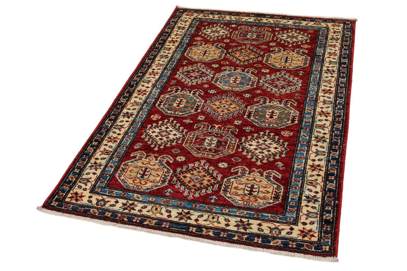 3x5 Red and Ivory Kazak Tribal Rug