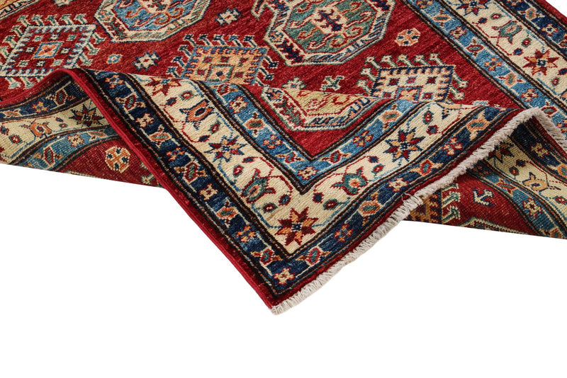 3x5 Red and Ivory Kazak Tribal Rug