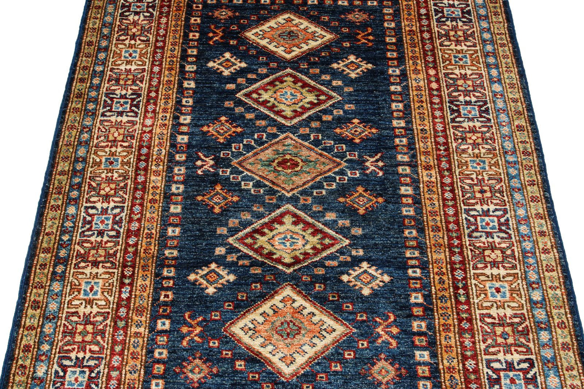 3x5 Navy and Ivory Kazak Tribal Rug