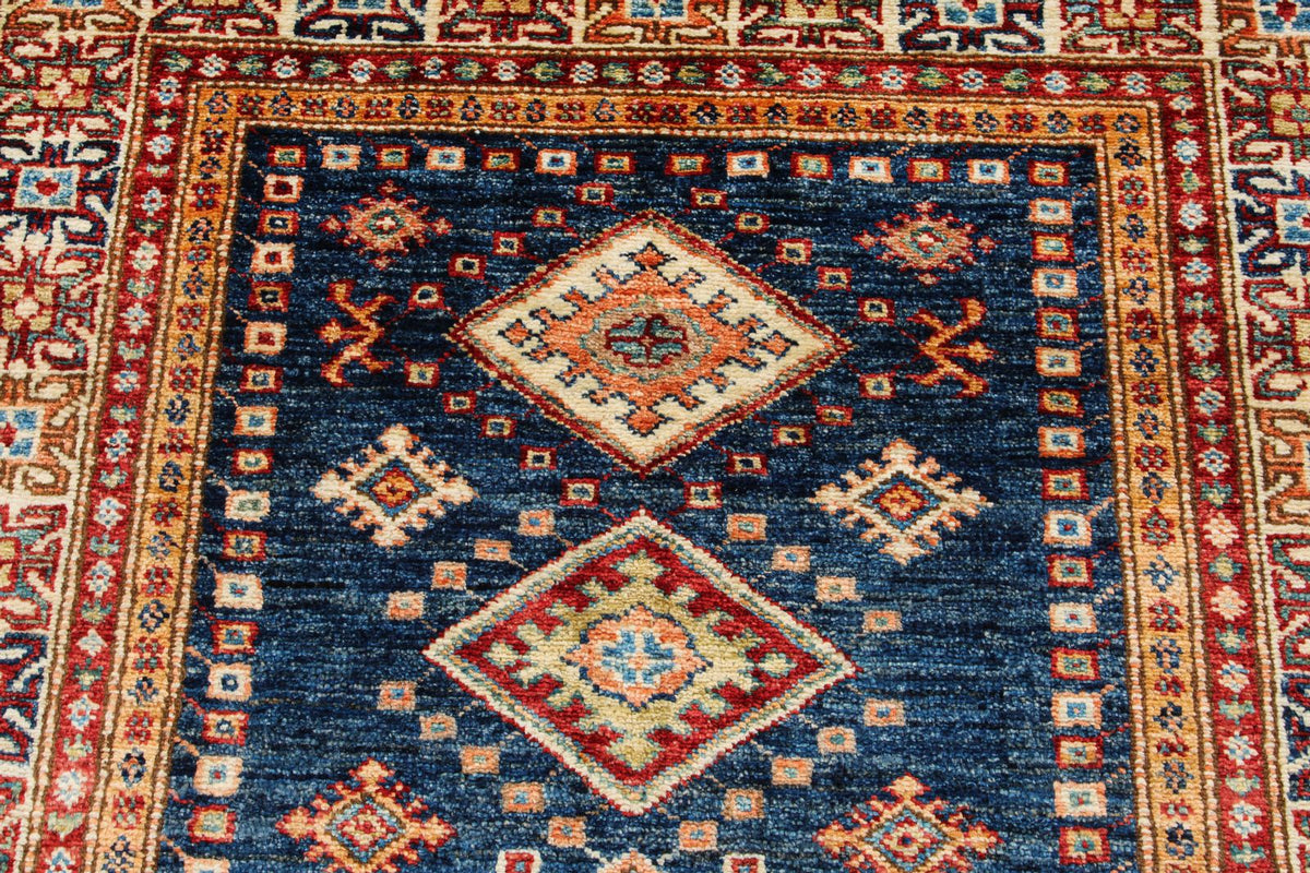 3x5 Navy and Ivory Kazak Tribal Rug