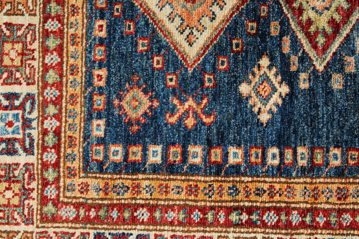 3x5 Navy and Ivory Kazak Tribal Rug