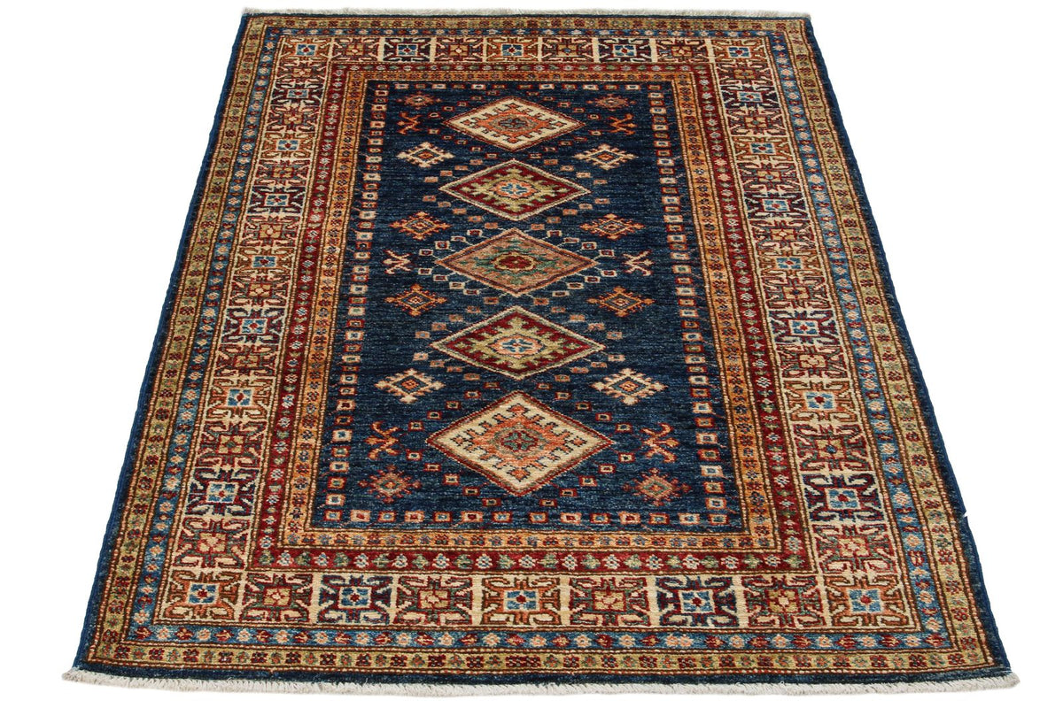 3x5 Navy and Ivory Kazak Tribal Rug
