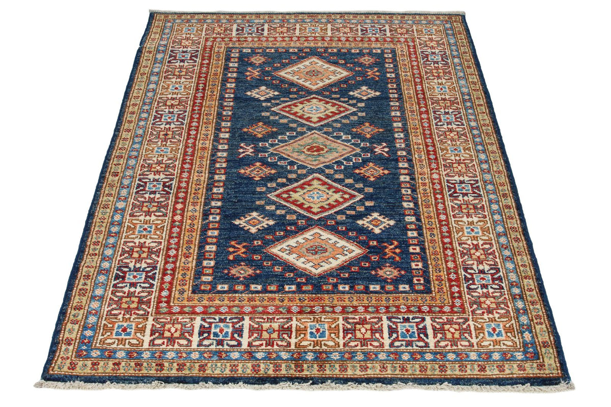 3x5 Navy and Ivory Kazak Tribal Rug