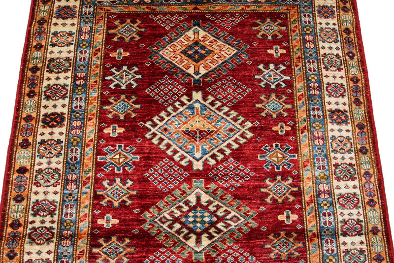 3x5 Red and Ivory Kazak Tribal Rug