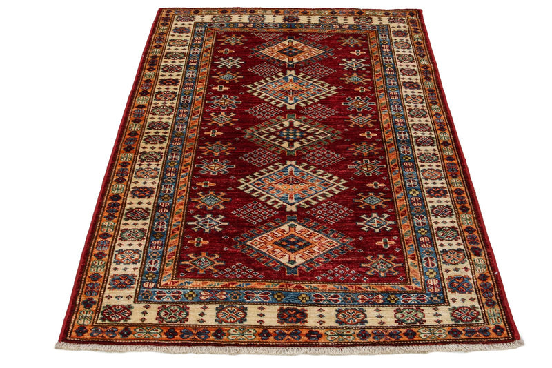 3x5 Red and Ivory Kazak Tribal Rug