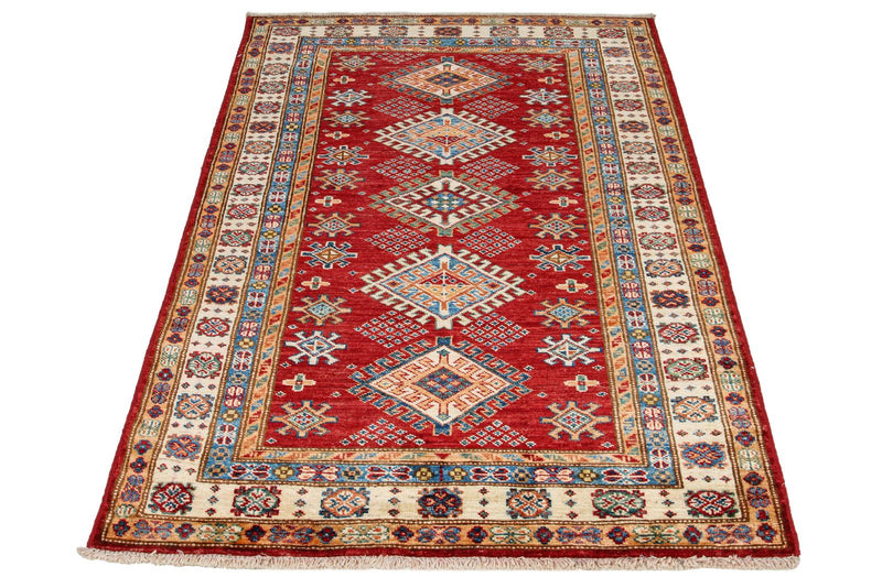 3x5 Red and Ivory Kazak Tribal Rug