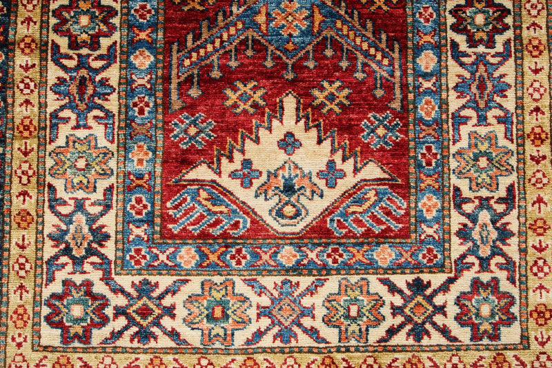 3x5 Red and Ivory Kazak Tribal Rug