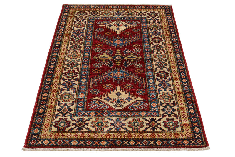 3x5 Red and Ivory Kazak Tribal Rug