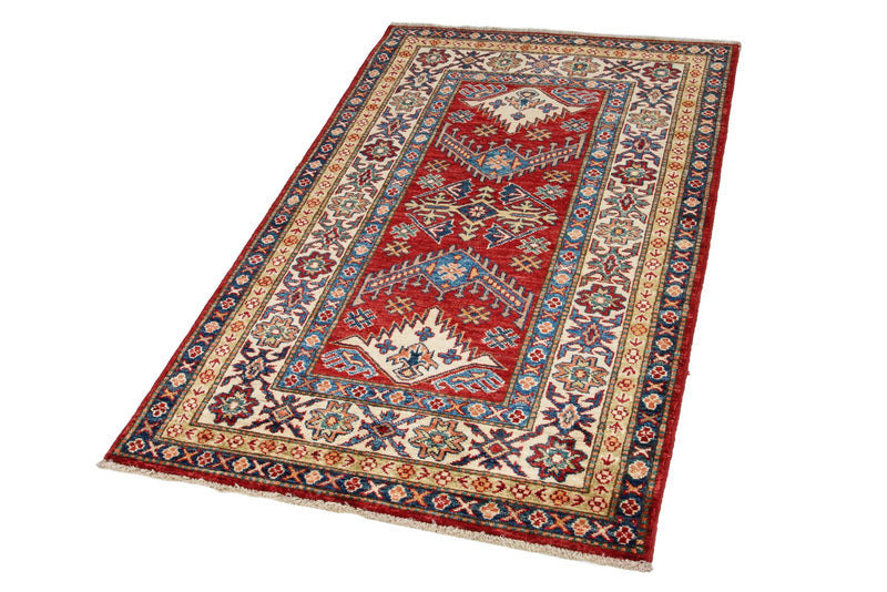 3x5 Red and Ivory Kazak Tribal Rug