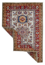 3x5 Gray and Red Kazak Tribal Rug