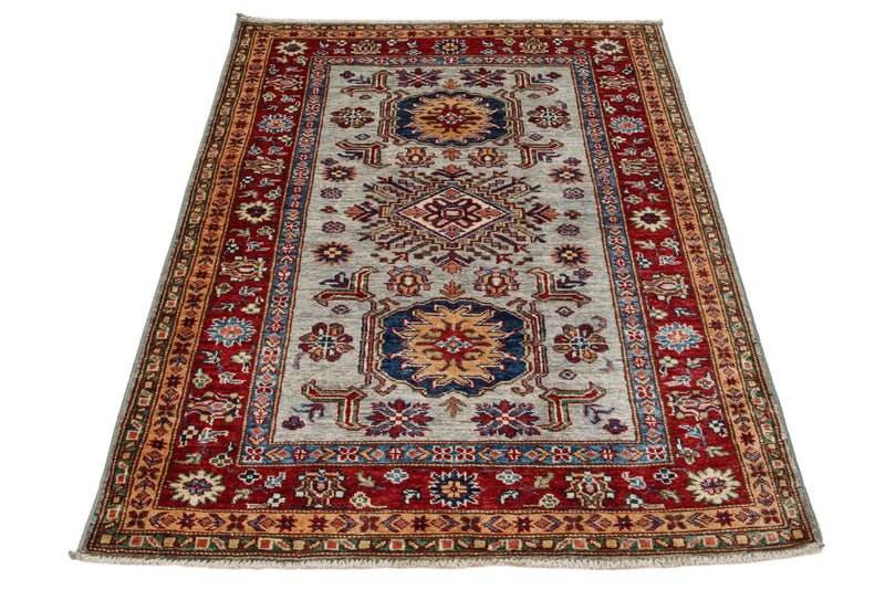 3x5 Gray and Red Kazak Tribal Rug