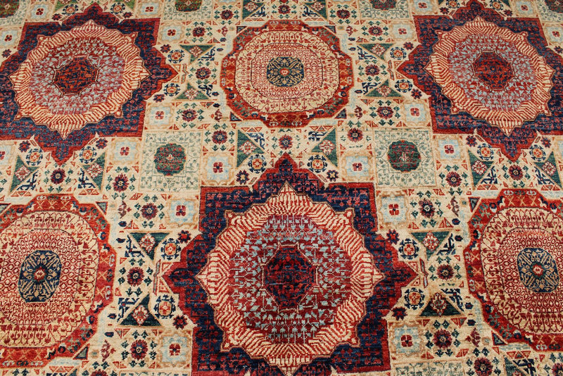 9x13 Red and Ivory Turkish Tribal Rug