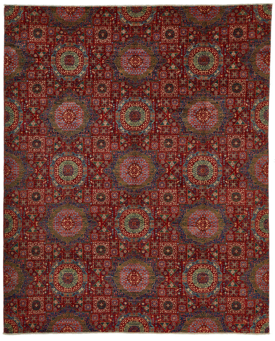 8x9 Red and Multicolor Turkish Tribal Rug