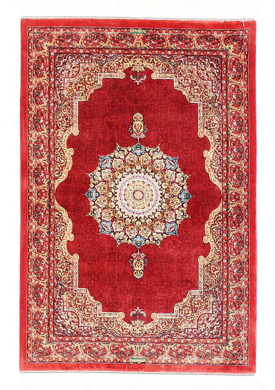 3x4 Red and Multicolor Turkish Silk Rug
