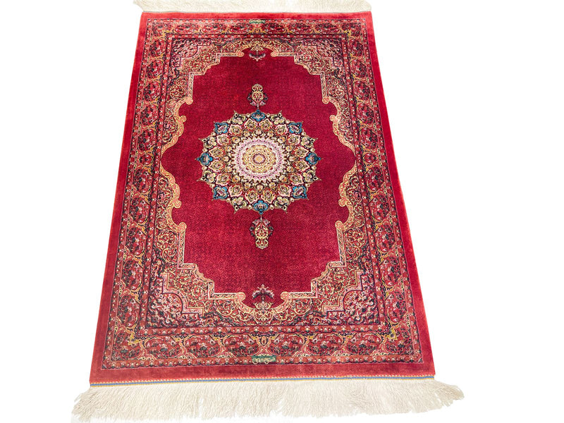 3x4 Red and Multicolor Turkish Silk Rug