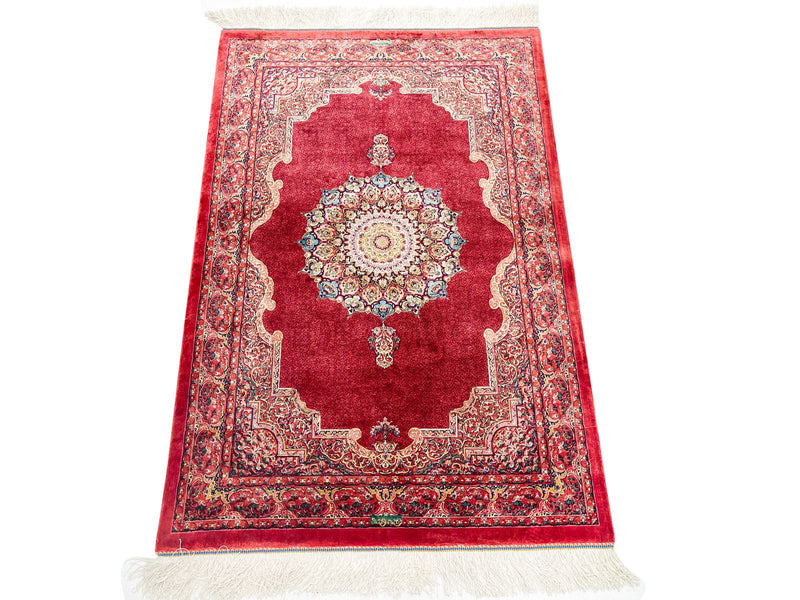 3x4 Red and Multicolor Turkish Silk Rug