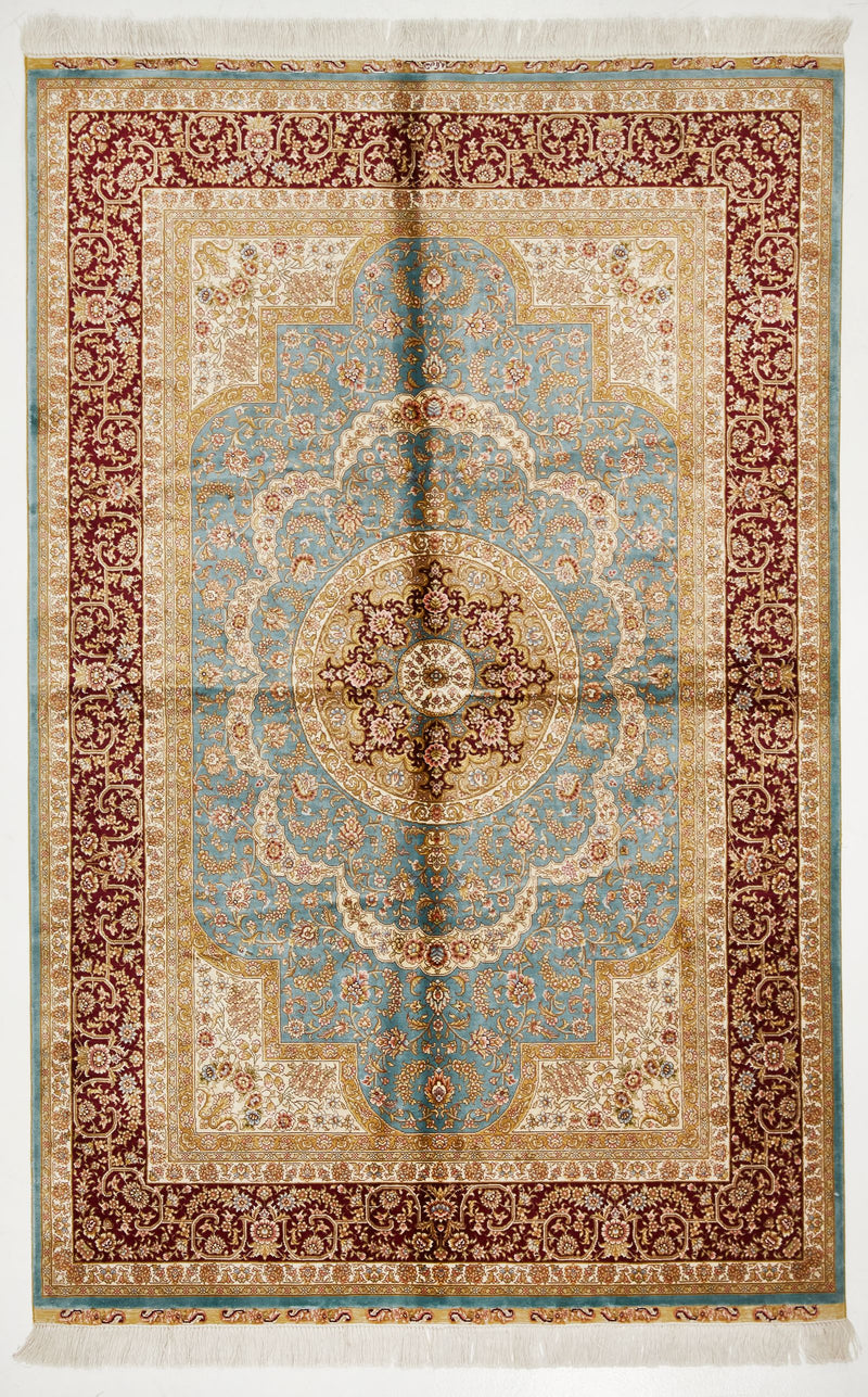 4x6 Blue and Red Turkish Silk Rug