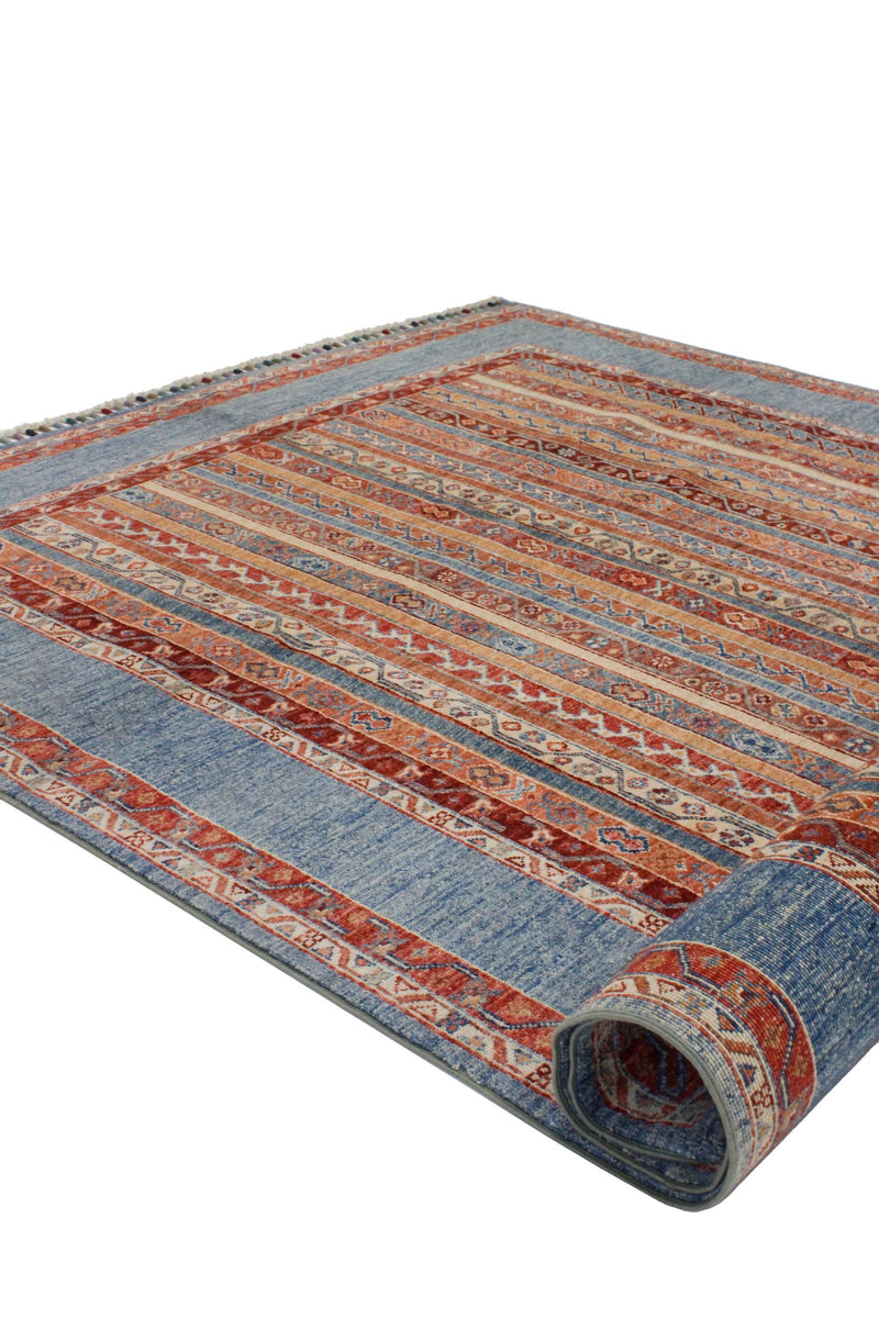 6x8 Multicolor and Blue Turkish Tribal Rug