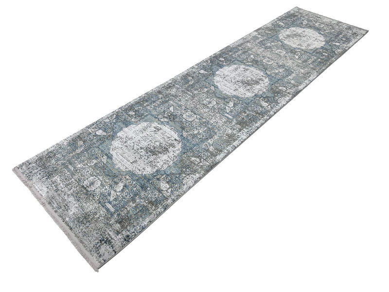 3x10 Light Blue and Ivory Turkish Antep Runner