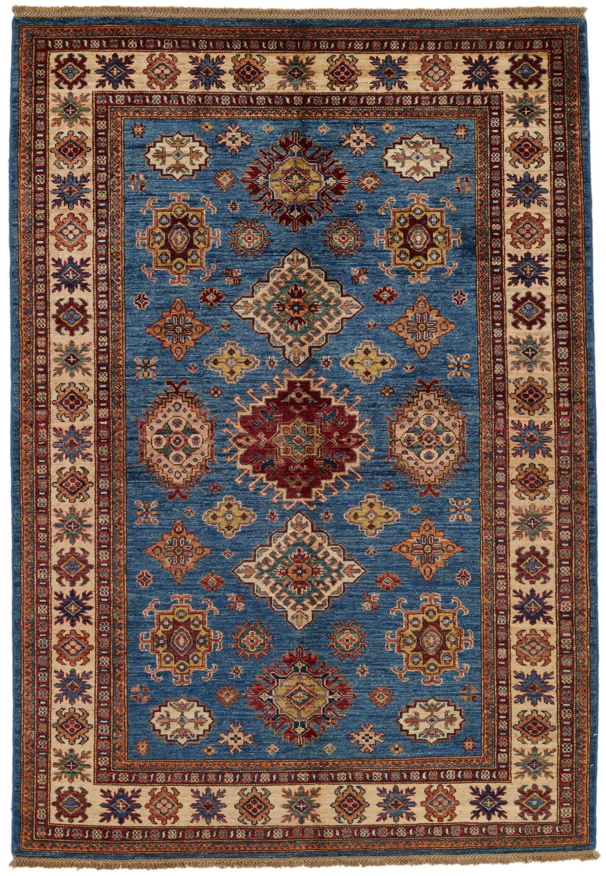 5x7 Red and Ivory Kazak Tribal Rug