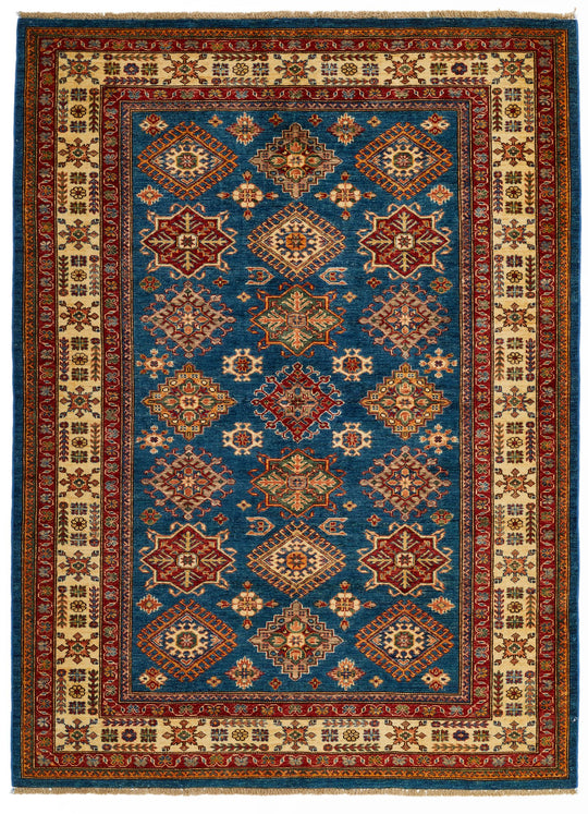 6x8 Blue and Ivory Kazak Tribal Rug