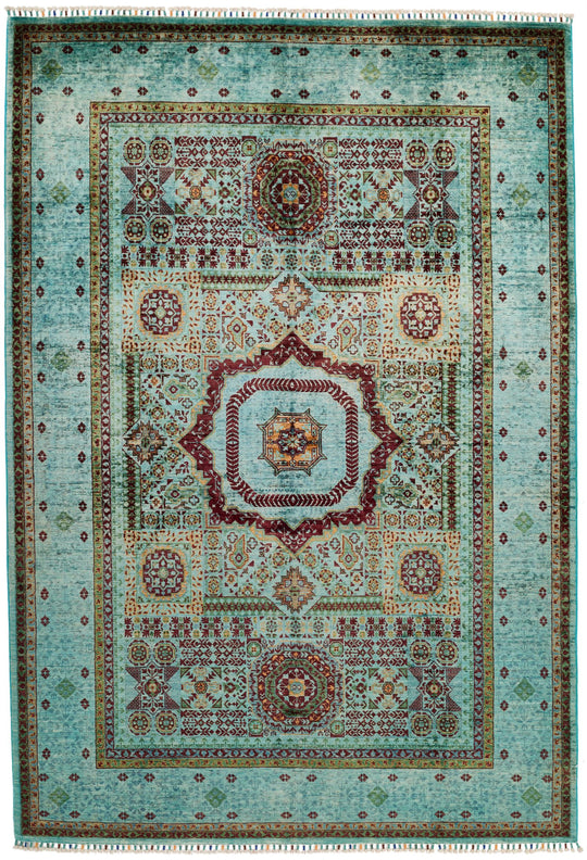 6x9 Blue and Multicolor Turkish Tribal Rug
