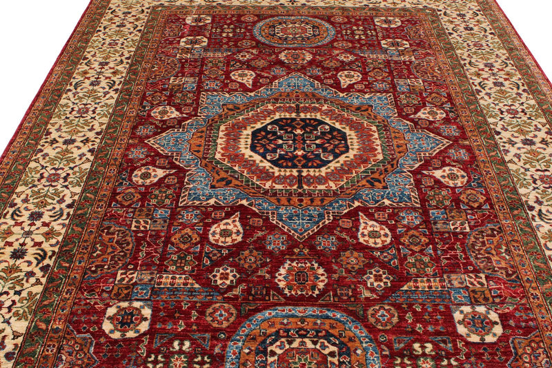 7x10 Red and Ivory Turkish Tribal Rug