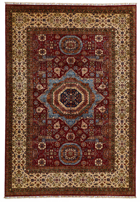7x10 Red and Ivory Turkish Tribal Rug