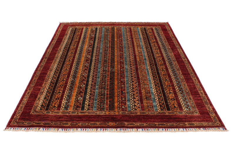 6x8 Multicolor and Red Turkish Tribal Rug