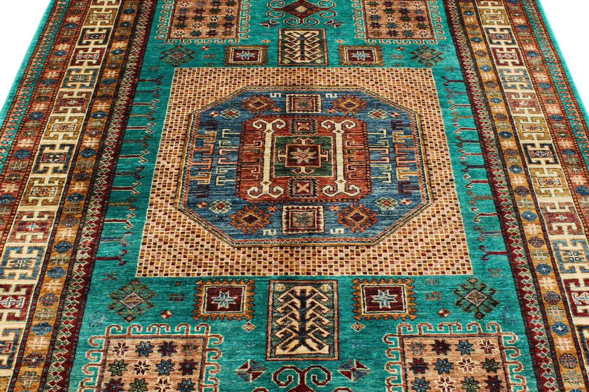 6x8 Turquoise and Multicolor Turkish Tribal Rug