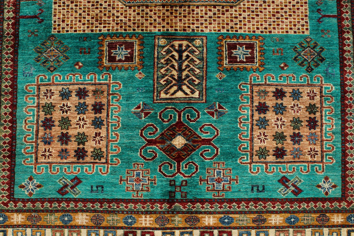 6x8 Turquoise and Multicolor Turkish Tribal Rug