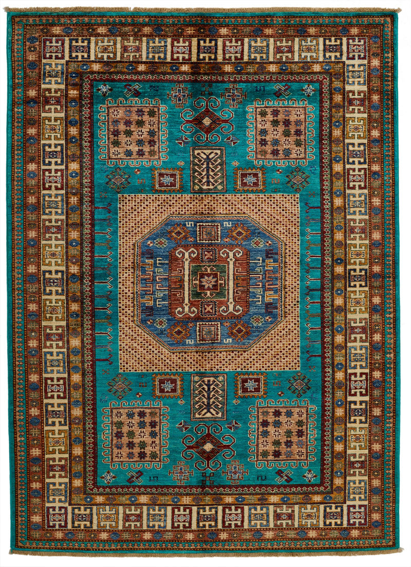 6x8 Turquoise and Multicolor Turkish Tribal Rug