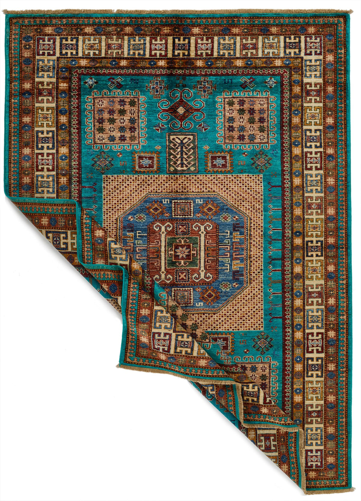 6x8 Turquoise and Multicolor Turkish Tribal Rug