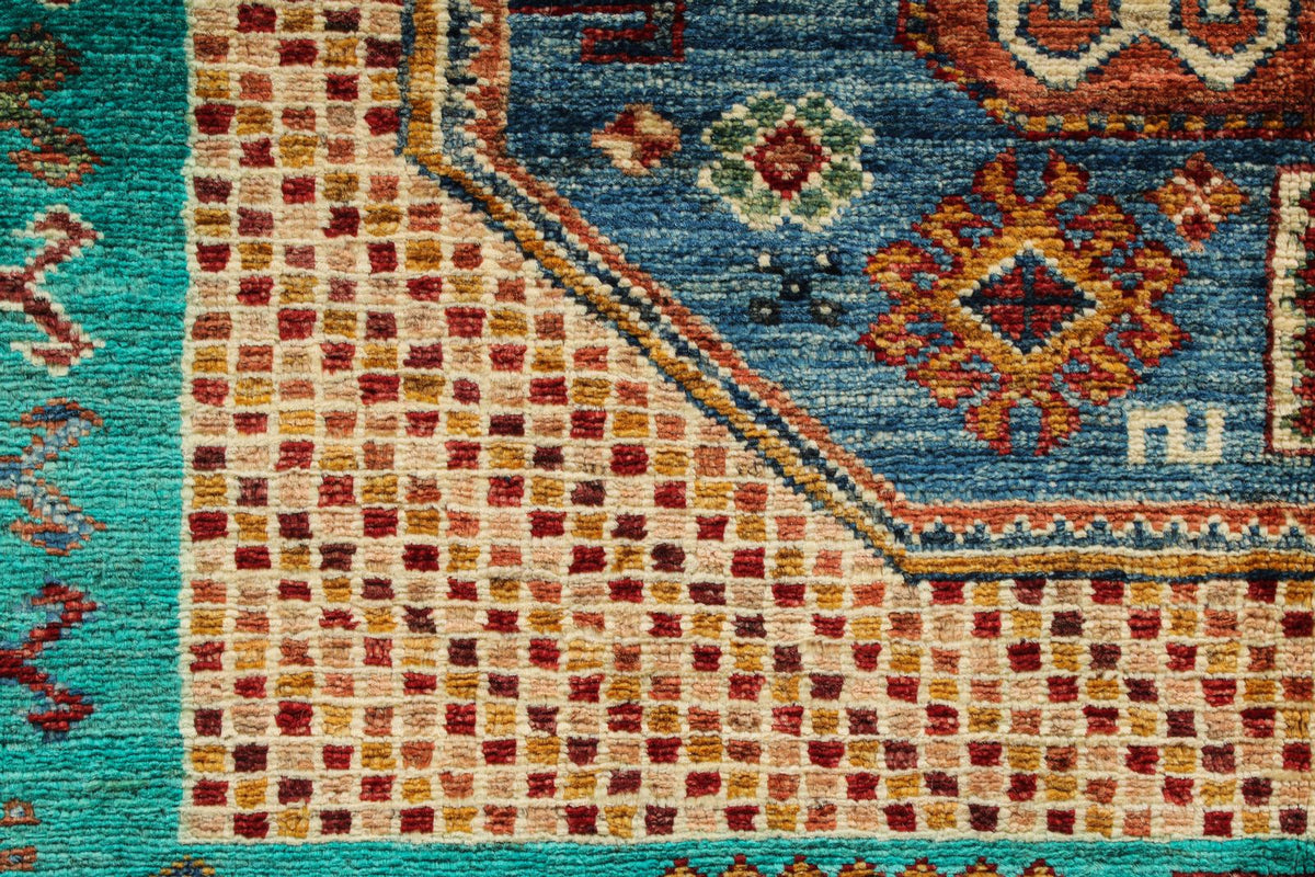 6x8 Turquoise and Multicolor Turkish Tribal Rug