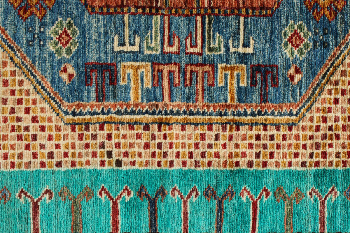6x8 Turquoise and Multicolor Turkish Tribal Rug