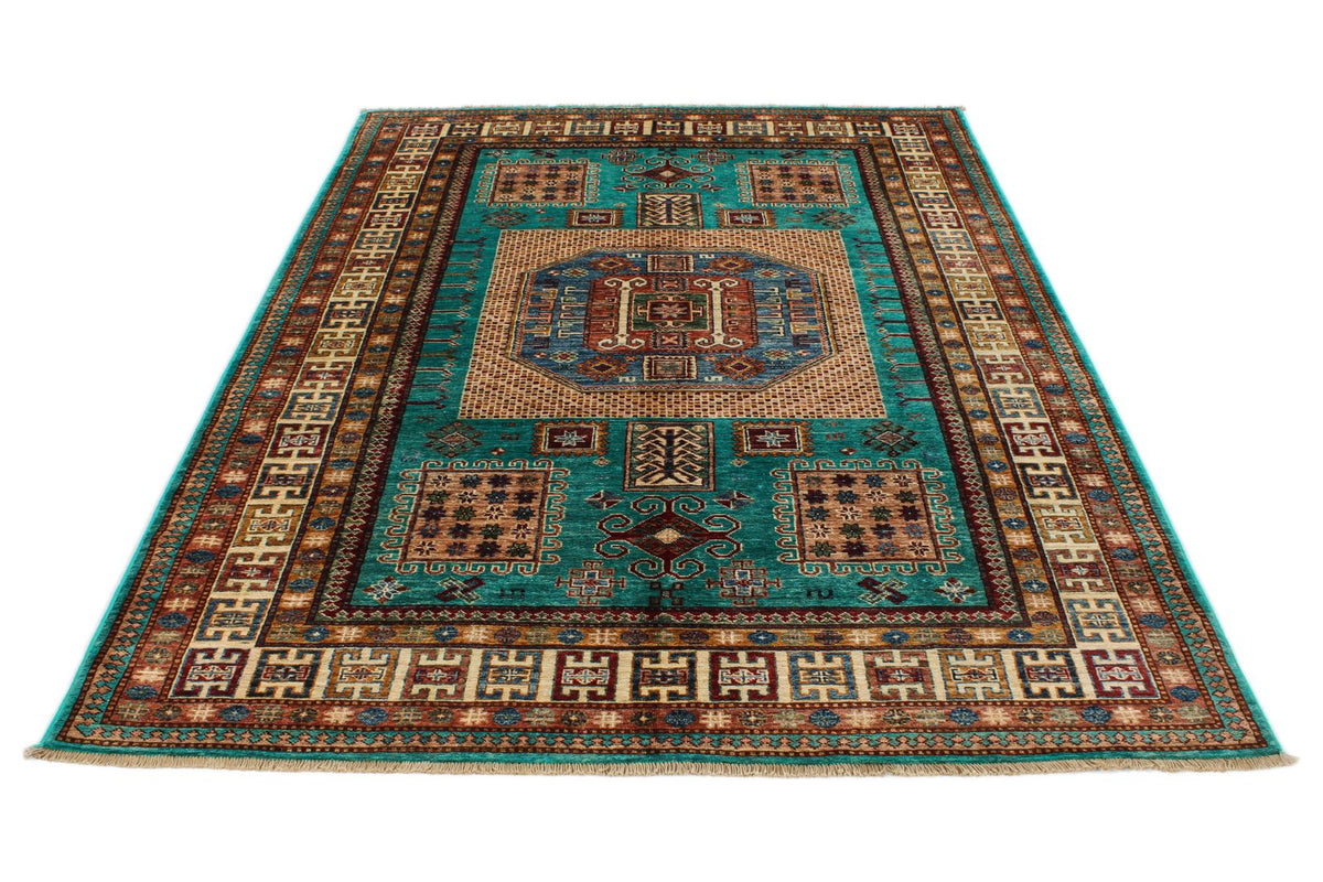 6x8 Turquoise and Multicolor Turkish Tribal Rug